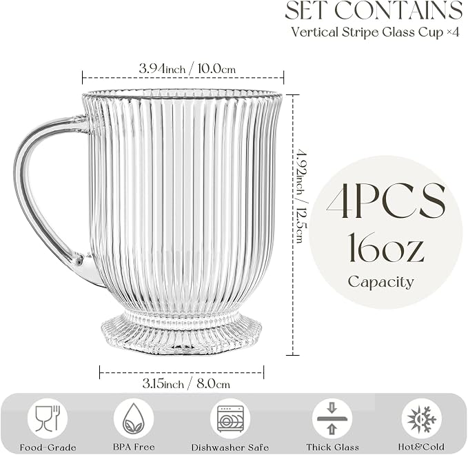 KEMORELA 16oz Ribbed Glass Coffee Mugs Set, Large Glass Mugs - Image 3