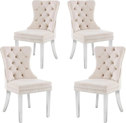 KCC Velvet Dining Chairs Set of 4, Upholstered High-end Tufted Dining Room Chair with Nailhead Back Ring Pull Trim Stainless Steel Legs, Contemporary Nikki Collection Modern Style for Kitchen, Beige