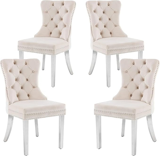 KCC Velvet Dining Chairs Set of 4, Upholstered High-end Tufted Dining Room Chair with Nailhead Back Ring Pull Trim Stainless Steel Legs, Contemporary Nikki Collection Modern Style for Kitchen, Beige