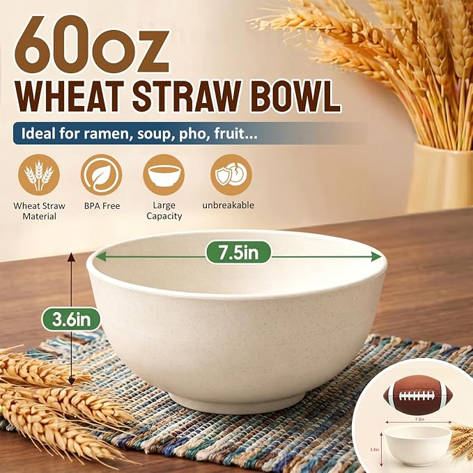 Soup Bowls 60oz, Unbreakable Wheat Straw Bowls Sets of 8, Large Kitchen Bowls - Image 2