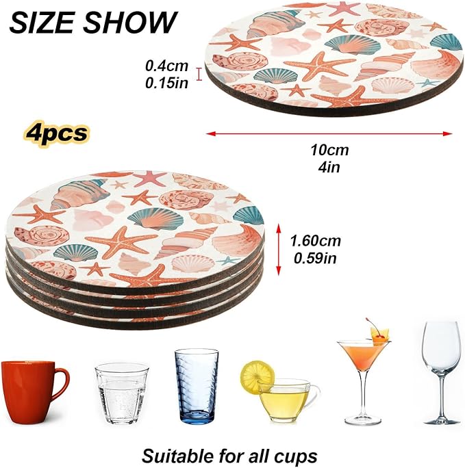 Seashells Different Shapes and Starfish Set of 4 Absorbent Coasters Cork - Image 4