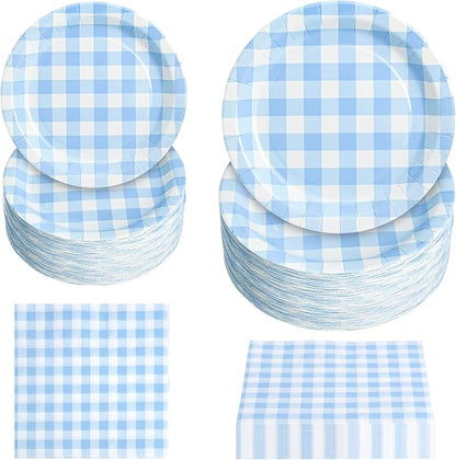 180Pcs Blue Gingham Party Supplies Paper Plates and Napkins Serve 60 by Hpscdyo