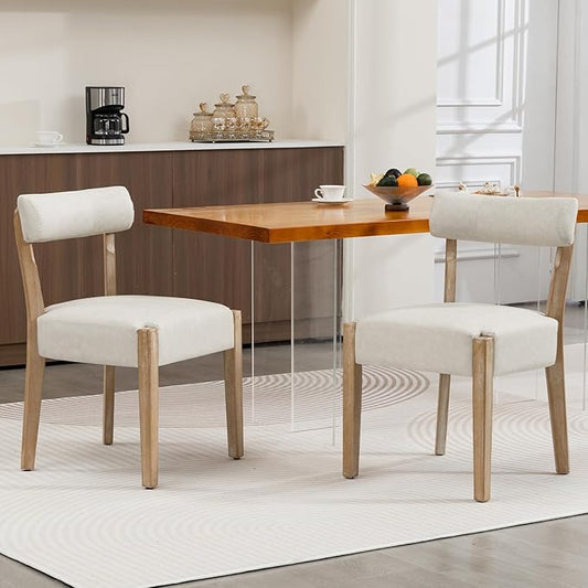 Modern Dining Chairs Set of 2 – Mid-Century Modern Faux Leather Upholstered Kitchen & Dining Room Chairs with Curved Back, Oversized Rounded Seat, Sturdy Wood Frame, Beige
