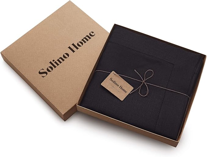 Solino Home Black Linen Tablecloth 60 x 132 Inch - Classic Hemstitch, 100% Pure Linen Rectangular Tablecloth - Machine Washable Table Cloth for Spring, Easter