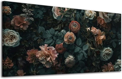 ADJUVANT Wall Art Floral 40"L x 20"W, Dark Hued Vintage Flowers With Lush Foliage Canvas Painting Elegant Blooms Artwork Retro Garden Prints Floral Wall Decor for Living Room Bedroom Study Home Office