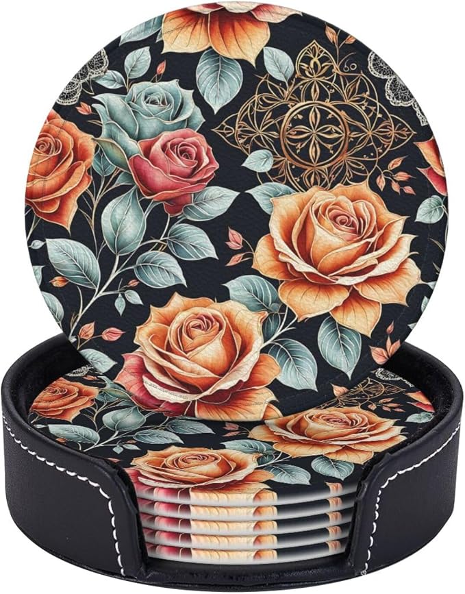Drink Coasters with Holder Stand Set of 6, Roses Flower Vintage Pu Leather by Unknown
