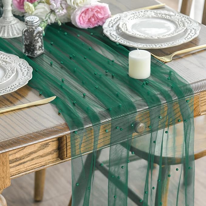 Artoid Mode Pearl Dark Green Gauze Table Runner 59x120 Inch , Seasonal Sheer Kitchen Dining Holiday Wedding Birthday Baby Shower Table Decor for Home Party