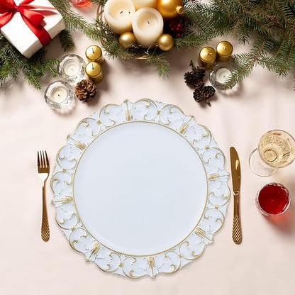 White Charger Plates Set of 6, Decorative Table Plastic Chargers for Dinner Plates, Party, Wedding, Thanksgiving, Christmas, 11W