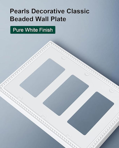 2-Pack Triple Decorator Outlet Cover Plate, Pure White Pearls Decorative Switch Plates and Outlet Covers, Metal Wall Plates for Electrical Outlets