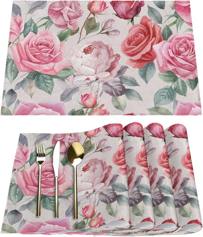 Pink Rose Placemats Set of 4, Washable Elegant Vintage Placemats, Non-Slip Table Rectangle Linen Place Mats for Kitchen Dining Party Farmhouse Home Indoor Table Decor