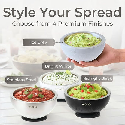 Vora 18oz Dip Chiller Bowl | Iced Grey Stainless Steel Chilled Dip Bowl for Dips, Guacamole, Hummus, Salsa | Insulated Serving Dishes with Easiest Water Fill & Refillable Chamber