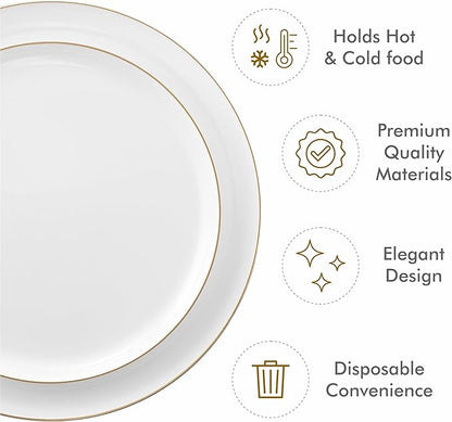 BloominGoods 50 PCS Disposable Plastic Plates For Party, 25 8.5 In. Appetizer Plates And 25 10.5 In. Dinner Plates, White With Gold Rim Plates For Wedding Or Event, Heavy Duty