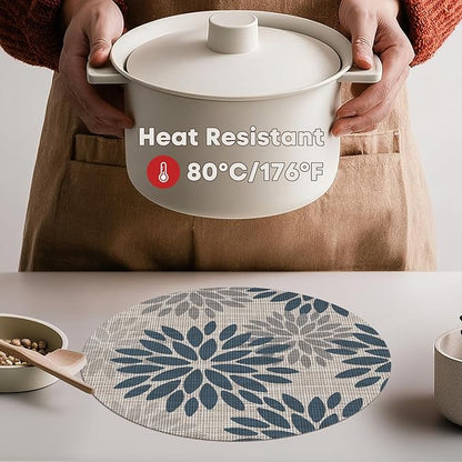 Artoid Mode Navy Dahlia Plastic Round Placemats Set of 4, 14 Inch Seasonal Wipeable Woven Vinyl Table Mats for Farmhouse Party Kitchen Dining Decor