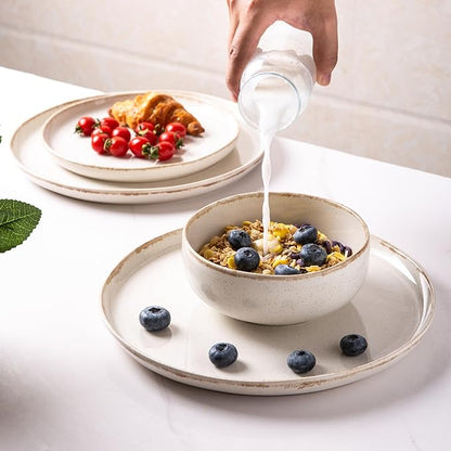 AmorArc Ceramic Dinnerware Sets, Wavy Rim Stoneware Plates and Bowls Sets, Highly Scratch Resistant | Dishwasher & Microwave Dishes set, Service for 4 (12pc)-Speckled Cappuccino)