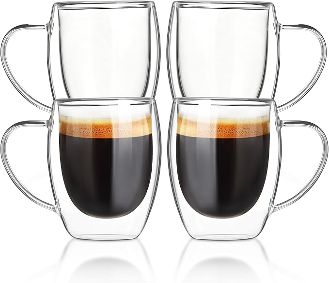 FrutPunch Double Walled Glass Coffee Mugs Set of 4, 12 oz Glass Coffee Cups | by FrutPunch