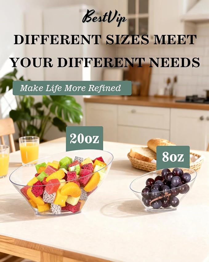 BESTVIP 20 Oz Clear Plastic Angled Serving Bowls, 12 Pack | Disposable Bowls - Image 2