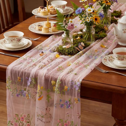Pink Floral Table Runner 10ft Embroidery Tulle Spring Wildflower Table Runner - Image 6