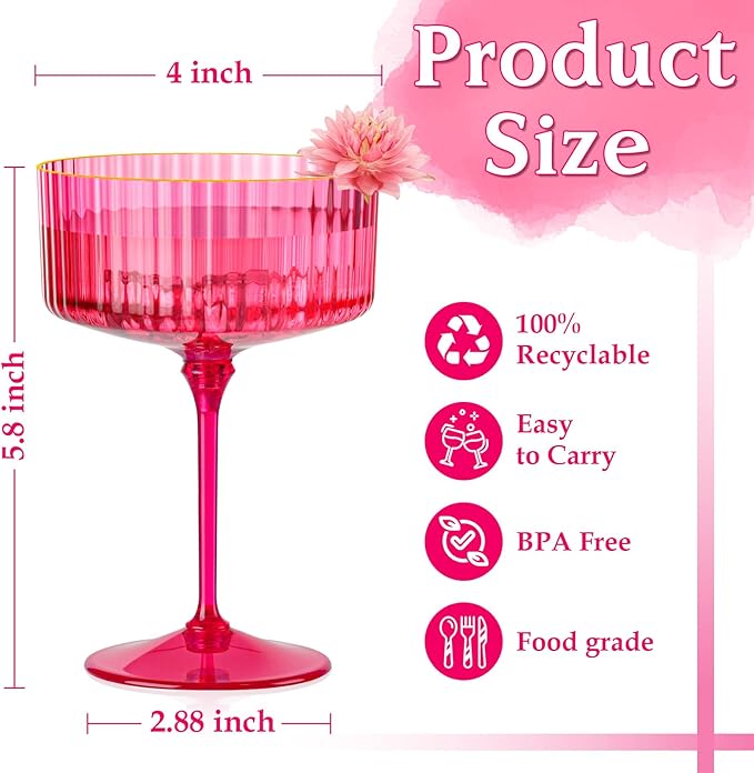 24 PCS Ribbed Coupe Glasses Hot Pink Plastic Champagne Coupe Cup 10oz Detachable Gold Rim Espresso Martini Glass Vintage Margarita Glassware Cocktail Glass Set for Valentine's Day Bachelorette Party