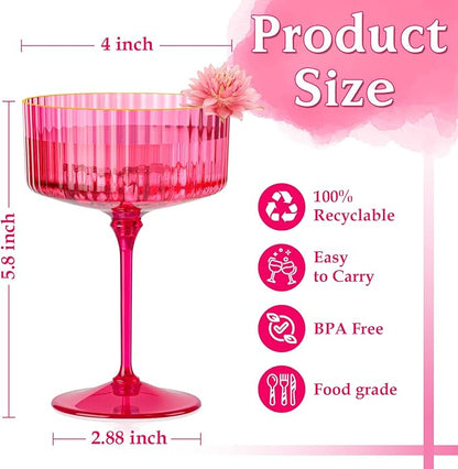 24 PCS Ribbed Coupe Glasses Hot Pink Plastic Champagne Coupe Cup 10oz Detachable Gold Rim Espresso Martini Glass Vintage Margarita Glassware Cocktail Glass Set for Valentine's Day Bachelorette Party