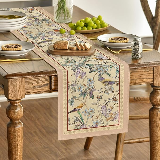 Artoid Mode Beige Birds Floral Blossom Table Runner, Seasonal Flowers Spring - Image 3