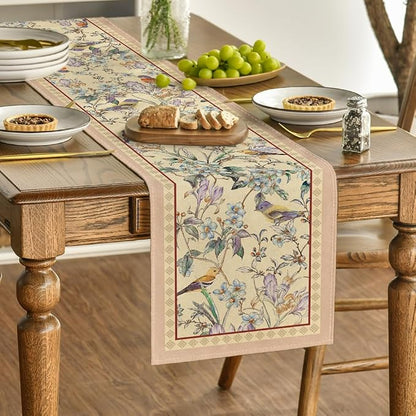 Artoid Mode Beige Birds Floral Blossom Table Runner, Seasonal Flowers Spring - Image 3