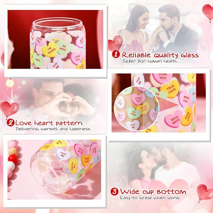 Sliner 2 Pcs Valentine's Day Cups Conversation Heart Glass Tumbler - Image 4