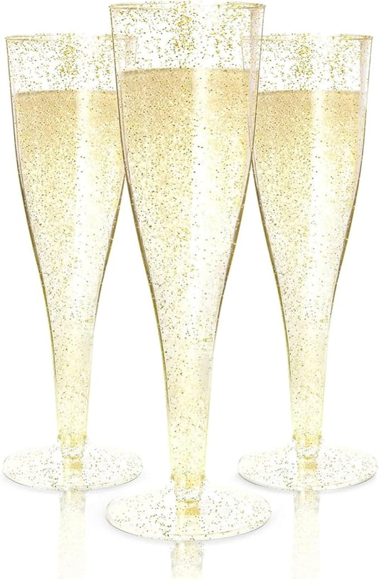 Prestee 200 Disposable Champagne Flutes Gold Glitter Glasses - 4.5 Oz Plastic Champagne Cups for Parties, Wedding Toasts, Mimosa Bar, and New Year’s Eve - Elegant Bulk Gold Plastic Wine Flutes | Disposable, Gold Glitter, Glasses, Champagne Cups, for Pa...