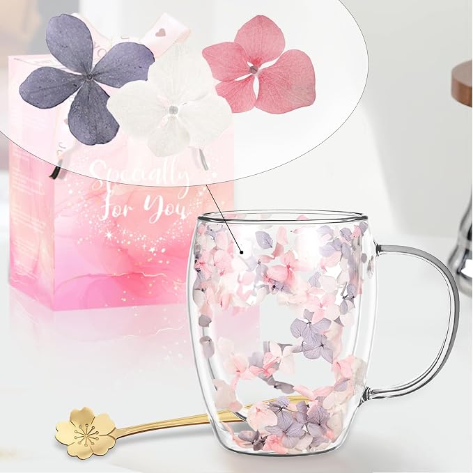 Gifts for Women Dried Flowers Double Wall Glass Coffee Mugs Cute Glass Tea Cups - Image 8