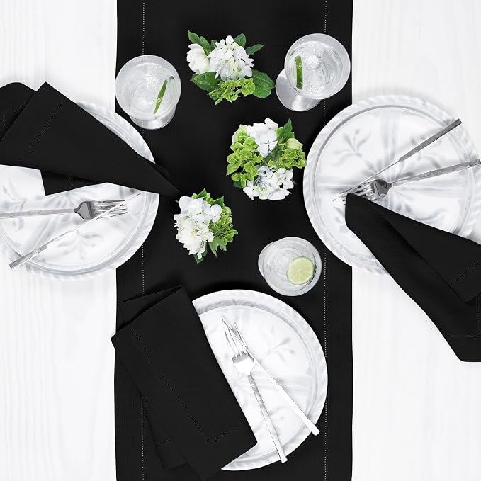 Solino Home 100% Linen Table Runner Black, Classic Hemstitch 14 x 144 in | - Image 3
