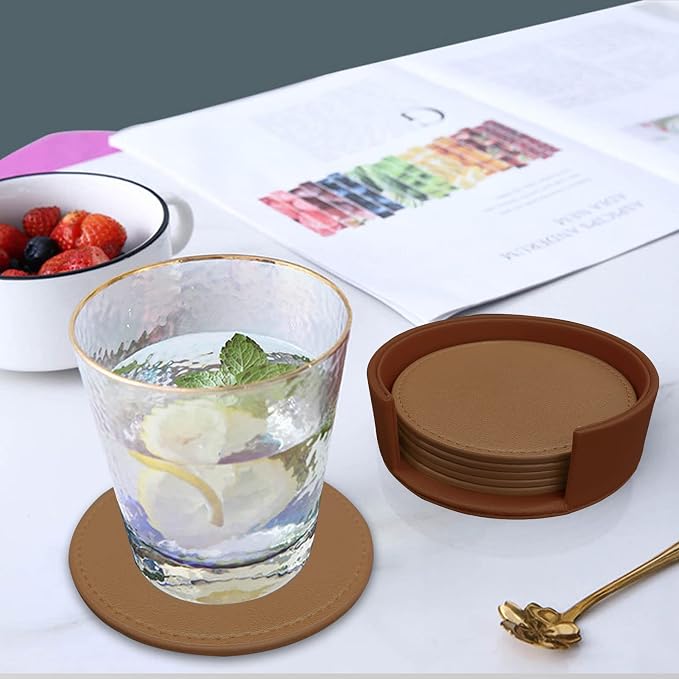 Coasters Set of 6 Soft Leather Drink Coaster Round Coaster - Image 8