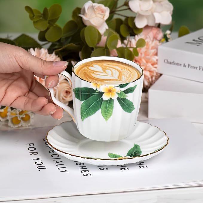 KAMMAK Tea Cups and Saucers Set of 2, Porcelain Coffee Cups, JBE012 | Stackable - Image 4