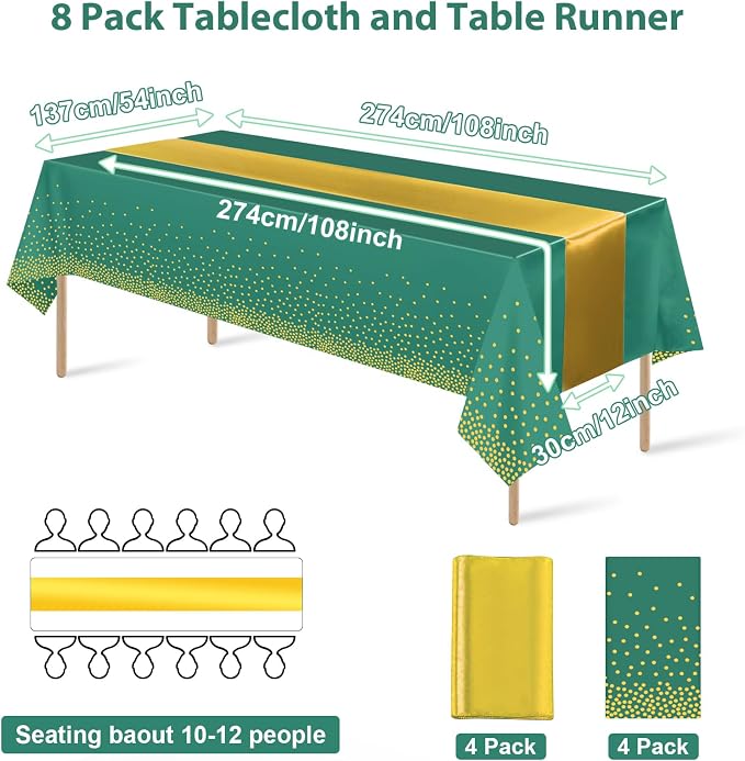 8Pack Disposable Plastic Party Tablecloths and Satin Table Runner Set Green and - Image 2