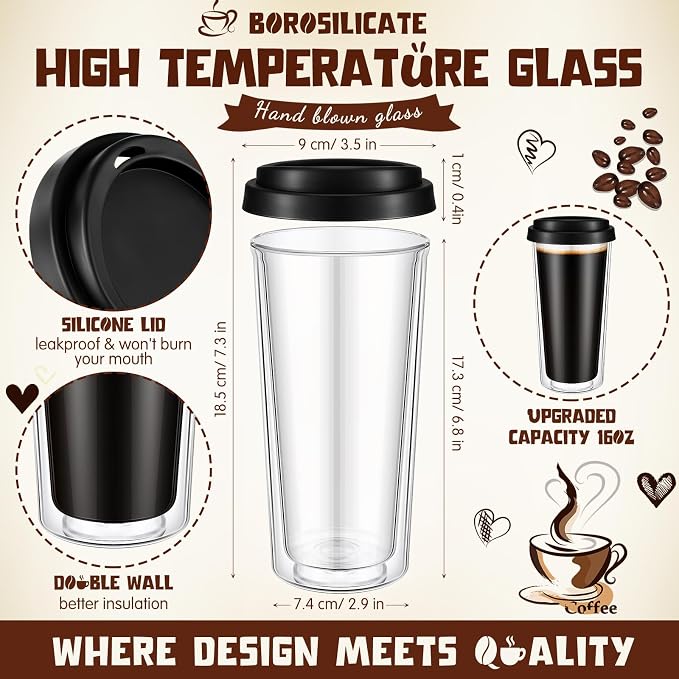 Honeydak 2 Pack 16 oz Double Walled Glass Coffee Mugs - Image 2