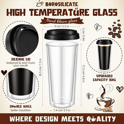 Honeydak 2 Pack 16 oz Double Walled Glass Coffee Mugs - Image 2