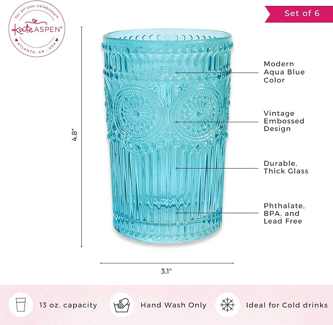 Kate Aspen Vintage Textured Aqua Blue Striped Drinking Glasses Set of 6-13 oz - Image 6