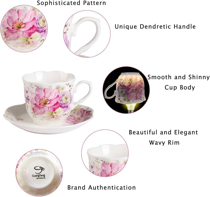 GuangYang 7 oz Porcelain Tea Cups and Saucers Set of 6, Cappuccino, - Image 8