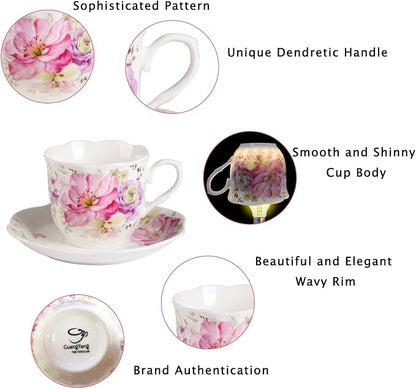 GuangYang 7 oz Porcelain Tea Cups and Saucers Set of 6, Cappuccino, - Image 8