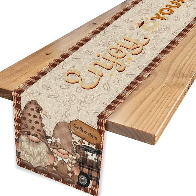 Coffee Theme Table Runner, Rustic Brown Buffalo Gnomes Cafe Cup Car Biscuit - Image 4