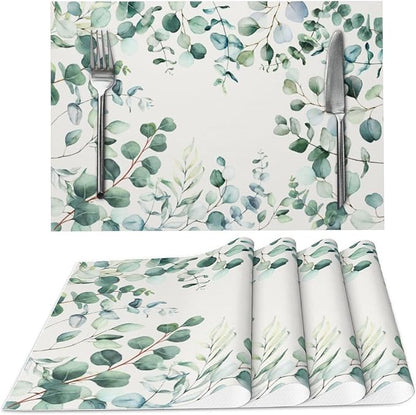 Eucalyptus Leaves Placemats Set of 4 Washable Table Place Mats for Dining Kitchen Party Decor