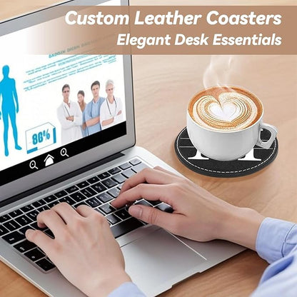 Personalized Coasters, Custom Set of 6 Leather Coaster for Drinks with Holder, DIY Customized Name, Logo, Text，Non-Slip, Heat Resistant, Waterproof for Coffee Table Bar Wine Cup Housewarming