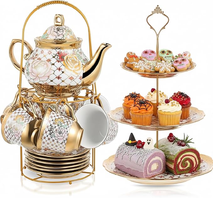 21 Pcs Porcelain Tea Set for Women Tea Party by Maxcheck