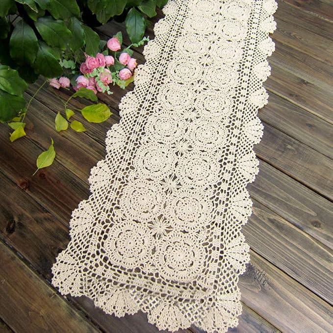 Cotton Handmade Crochet Lace Table Runner Beige Rectangle Coffee Table Dresser - Image 2