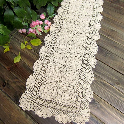 Cotton Handmade Crochet Lace Table Runner Beige Rectangle Coffee Table Dresser - Image 2