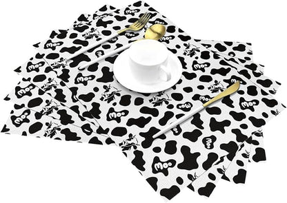 Cow Print Placemats Set of 4 Linen 12"x18" Black White Decorative Place Mats Washable Kitchen Table Mats for Dining Outdoor Farmhouse Home Decor Holiday Party Dining Mat