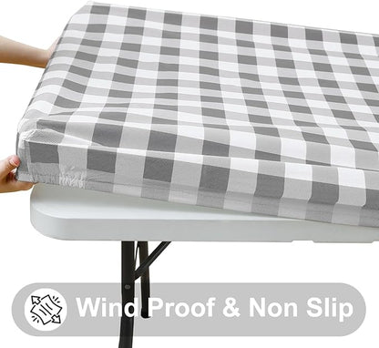 Smiry Rectangle Picnic Table Cloth, Elastic Waterproof Fitted Vinyl Tablecloths, Flannel Backed Buffalo Plaid Table Covers for Dining, Camping, Outdoor (White and Grey, 36" x 72")