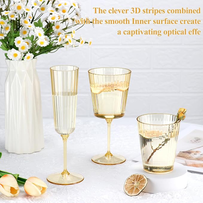 12 PCS Plastic Ribbed Drinking Glasses 10oz Gold Vintage Ripple Stemless Wine - Image 6