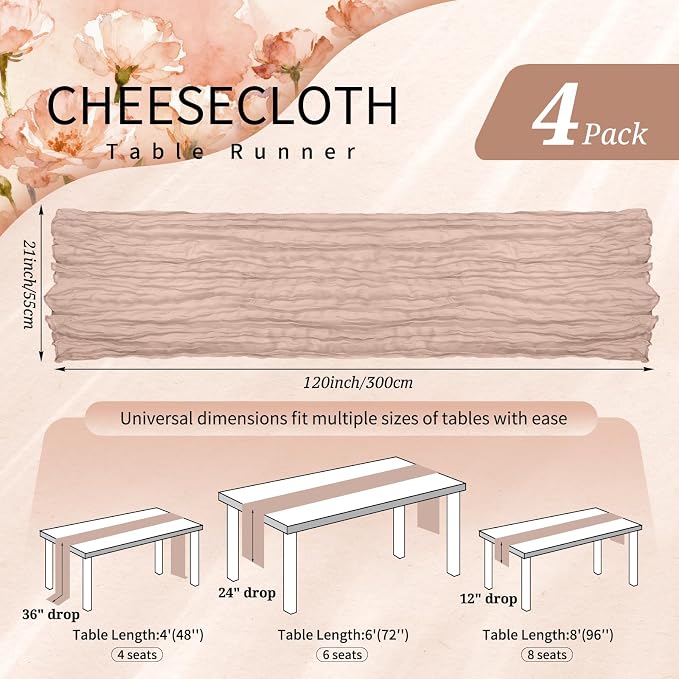 4 Pack Cheesecloth Table Runner 10FT Dusty Pink Table Runner Boho Gauze Cheese - Image 2