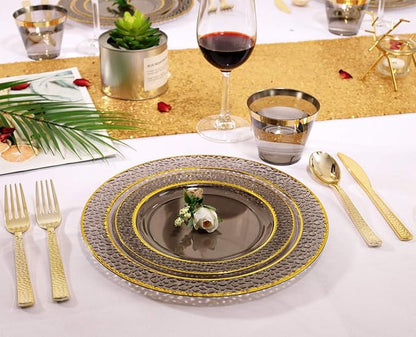 Nervure 150PCS Clear Black Plastic Plates - Gold Party Plates - Black and Gold Dinnerware Set Include: 50 Plate, 25Cups, 25Forks, 25Knives, 25Spoons for New Year & Party & Halloween