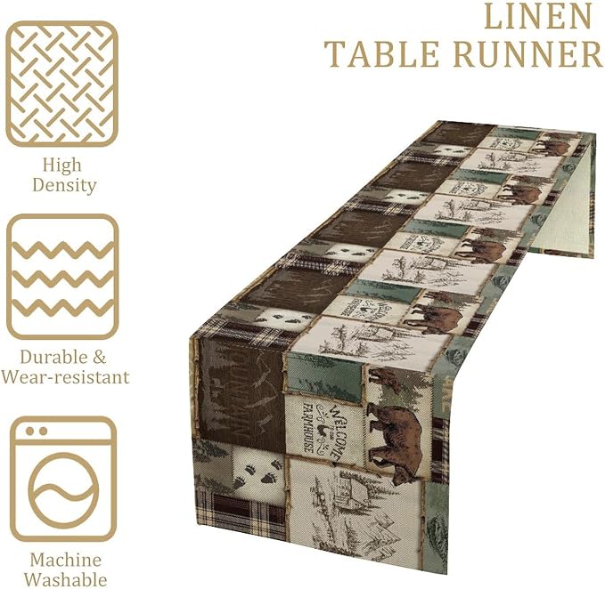 Rustic Cabin Bear Table Runner, Vintage Cottage Country Style Pine Tree Elk - Image 4
