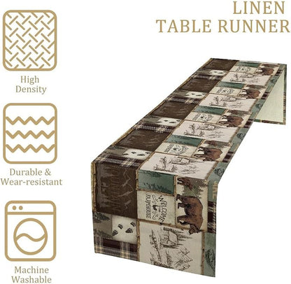 Rustic Cabin Bear Table Runner, Vintage Cottage Country Style Pine Tree Elk - Image 4